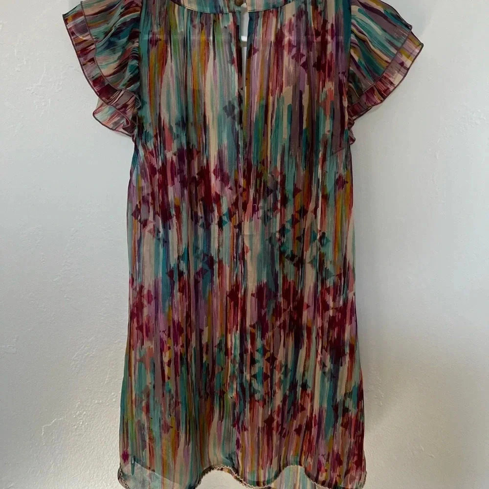 Sheer Flutter Sleeve Crochet Neckline Tie Dye Bohemian Sanctuary Blouse - Size S - Picture 4 of 4